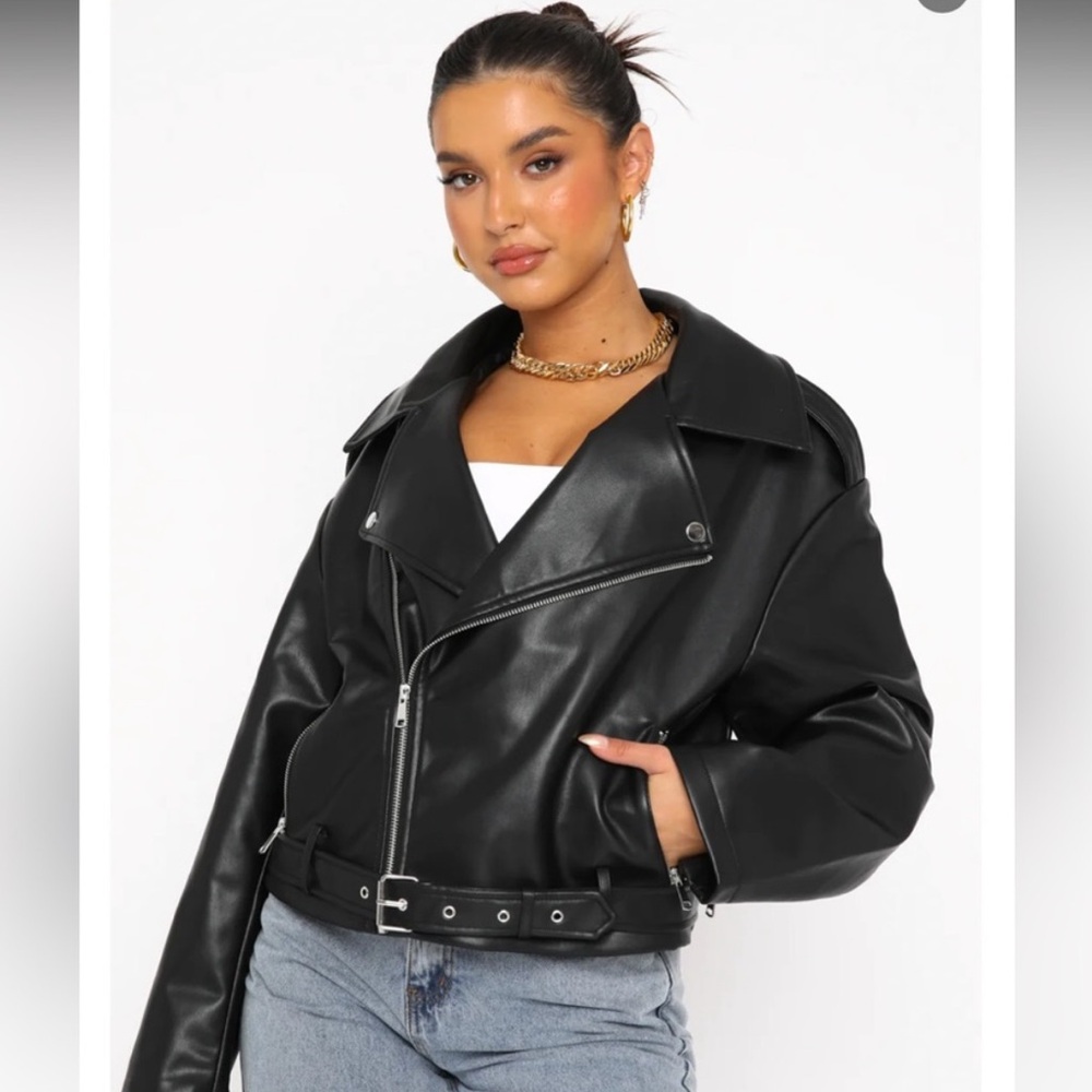 White Fox Black Faux Leather Biker Jacket